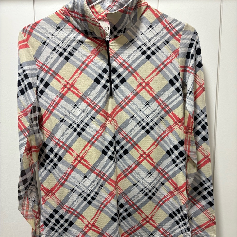 Icikuls Women’s Mock Neck Long Sleeve 1/4 Zip Plaid Size Medium